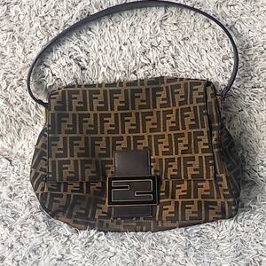 Authentic FENDI Zucca Shoulder Bag one Mamma Baguette canvas brown